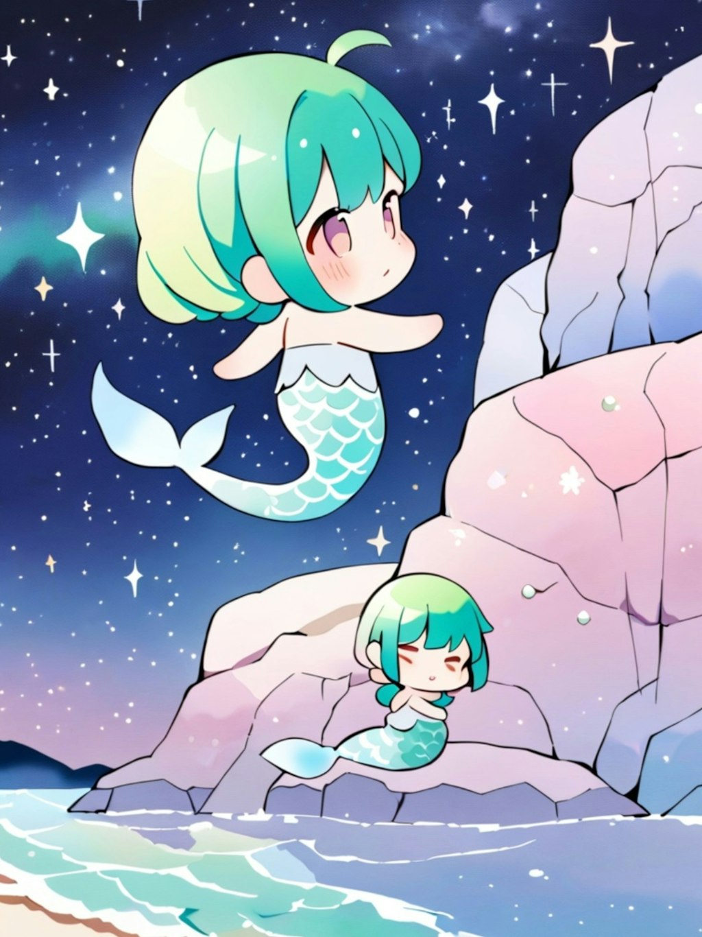 星空と人魚の緑髪ちゃん
