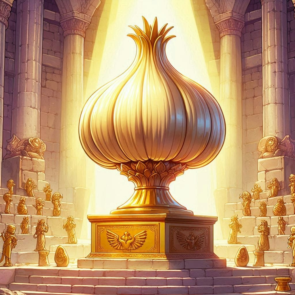 『anime-illust, A gold garlic statue enshrined on an altar in an ancient ruin.』