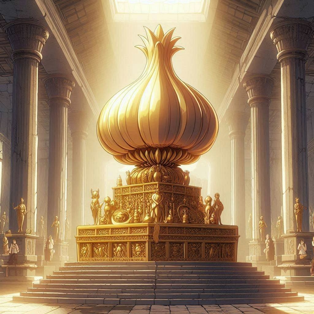 『anime-illust, A gold garlic statue enshrined on an altar in an ancient ruin.』