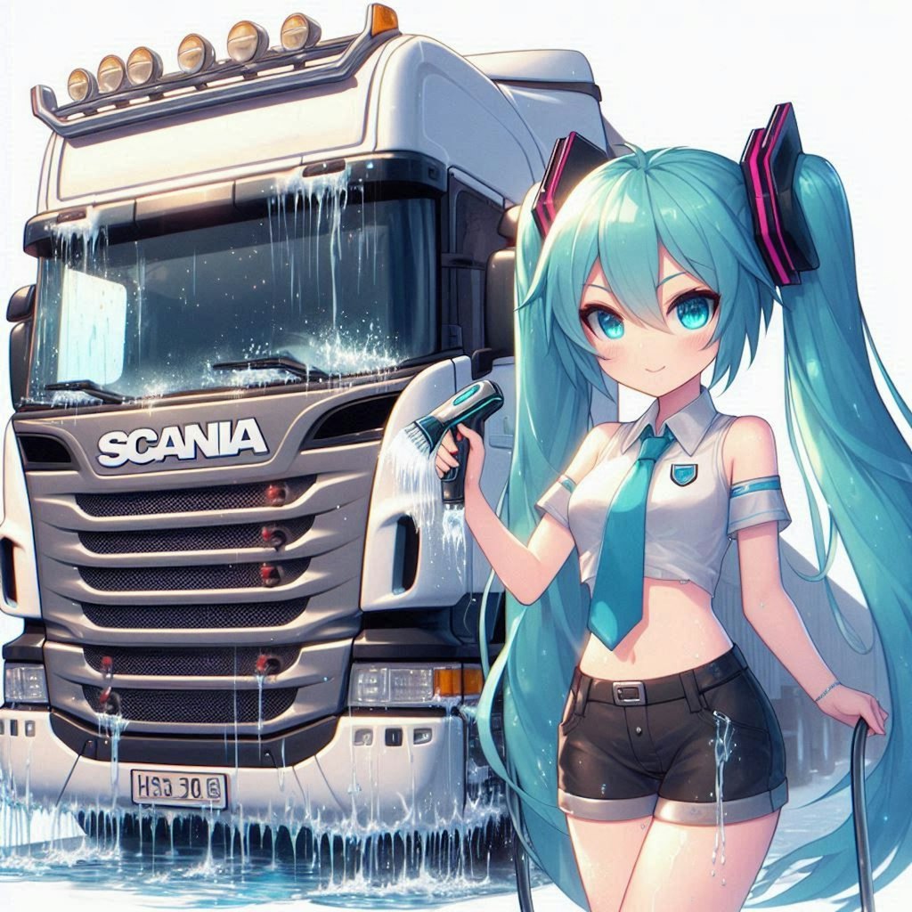 初音ミクがスカニアトラックを洗車する