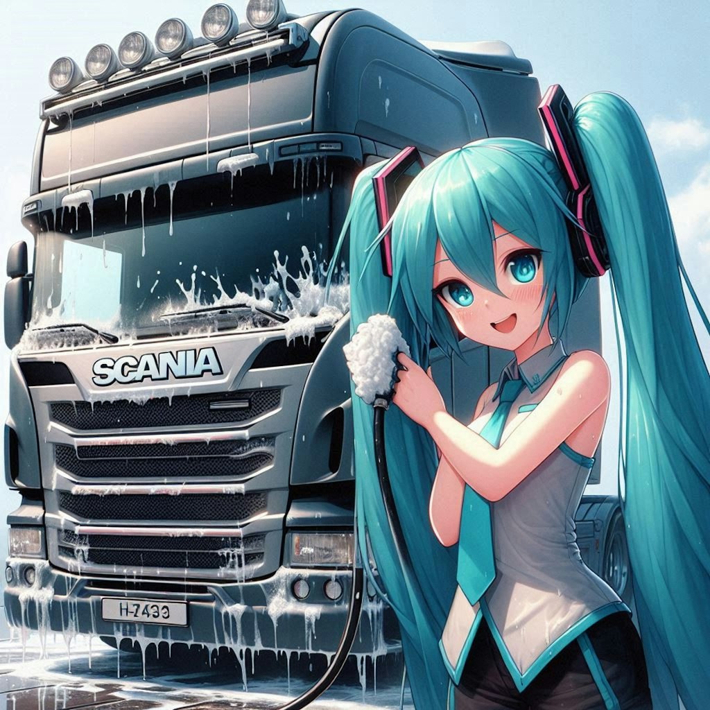 初音ミクがスカニアトラックを洗車する