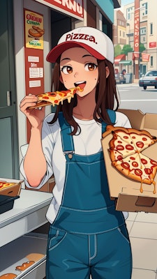 配達中のピザをつまみ食いする女の子