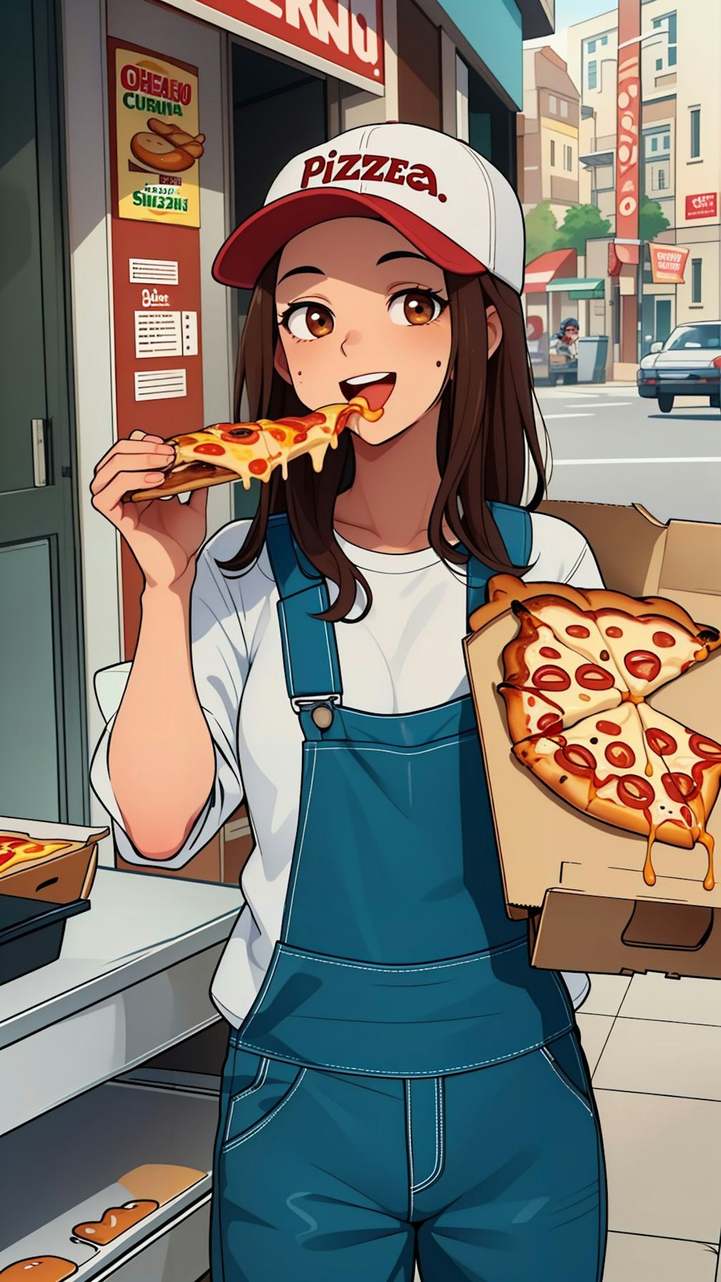 配達中のピザをつまみ食いする女の子