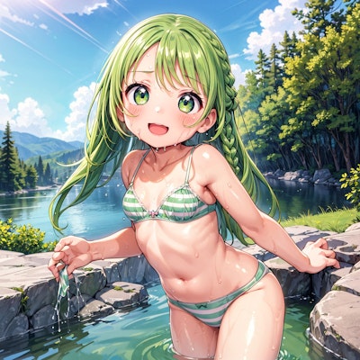 緑髪三つ編な娘が下着姿で川遊び