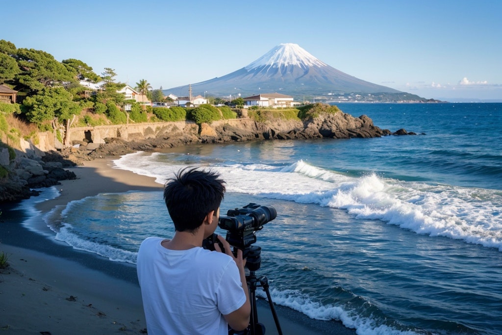 江ノ島のつもりが静岡だにゃ。この白Tシャツはグンゼ？ヘインズなら生地がテロテロだからこれはきっとグンゼに違いない。そう気になるのは富士山の白よりも目立っているのでシルエットにした方が良いと思ったの巻