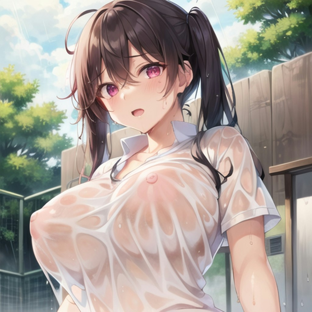 雨の日濡れ透け乳首