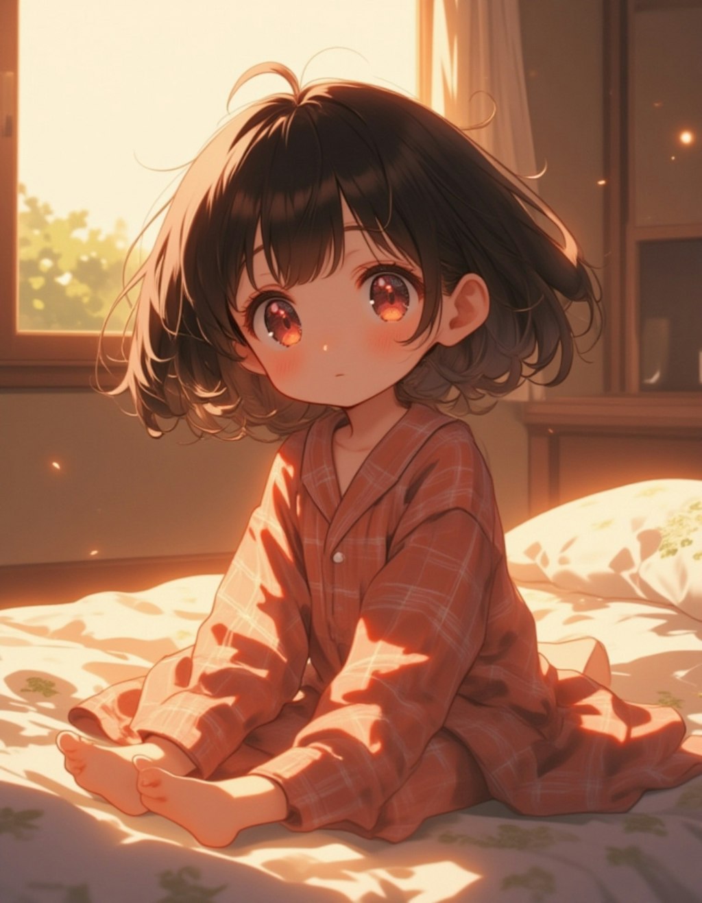 冬の朝：眠たげな小さな女の子