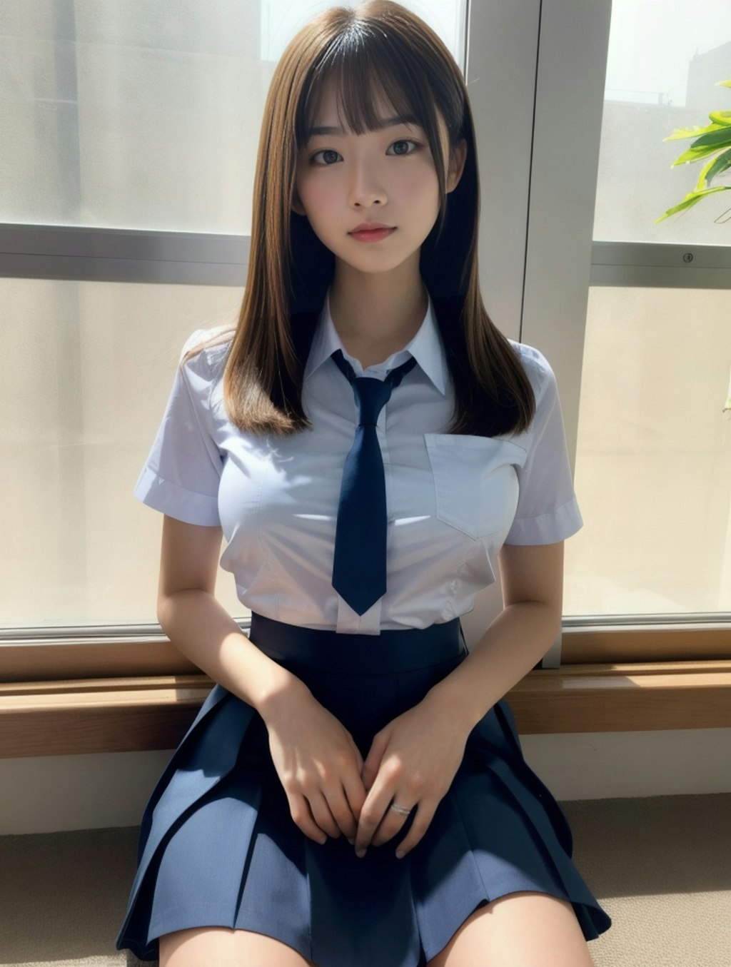 廊下に座る制服美女