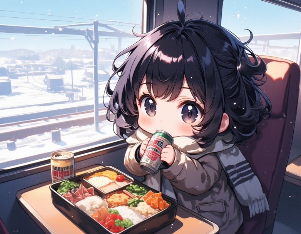 ちびキャラの女の子が冬の列車でビールとお弁当を楽しむ風景