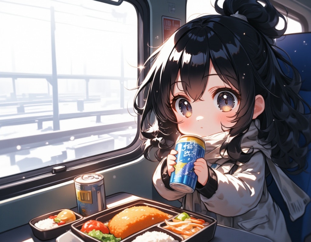 ちびキャラの女の子が冬の列車でビールとお弁当を楽しむ風景