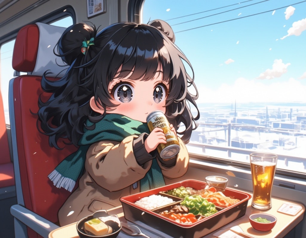 ちびキャラの女の子が冬の列車でビールとお弁当を楽しむ風景