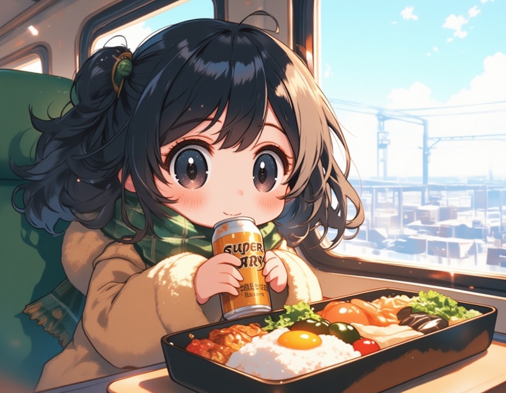 ちびキャラの女の子が冬の列車でビールとお弁当を楽しむ風景