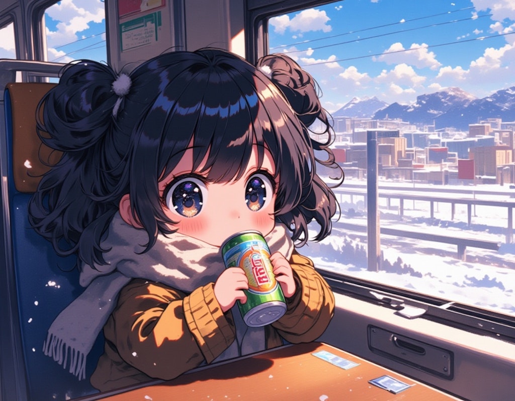 ちびキャラの女の子が冬の列車でビールとお弁当を楽しむ風景