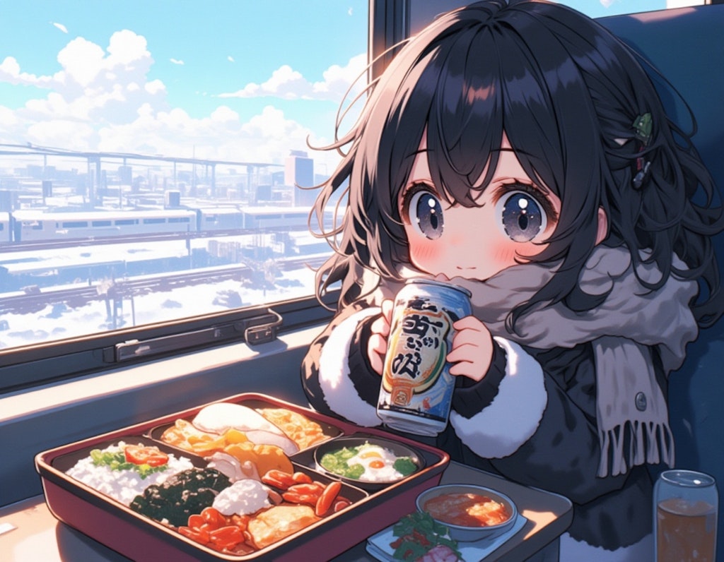 ちびキャラの女の子が冬の列車でビールとお弁当を楽しむ風景