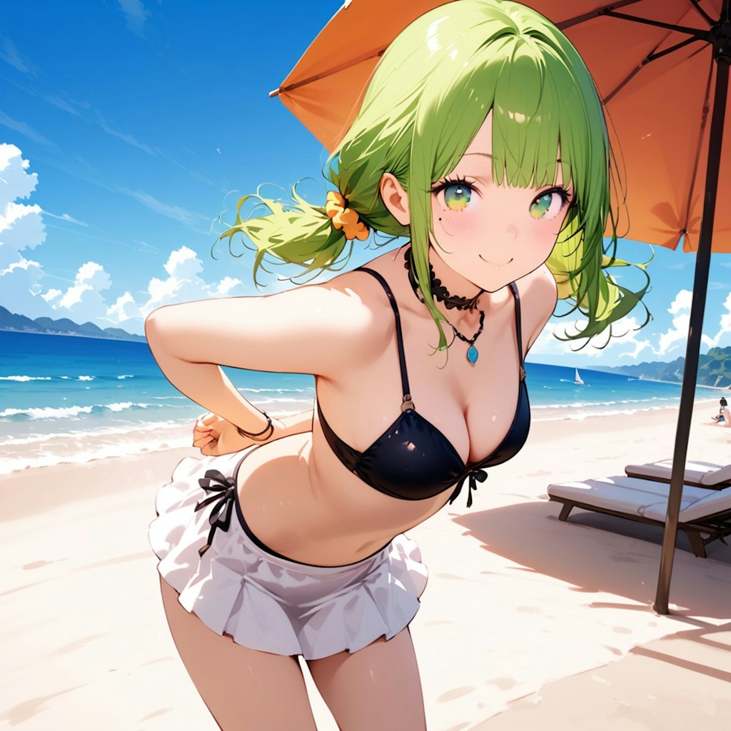 緑髪少女と砂浜