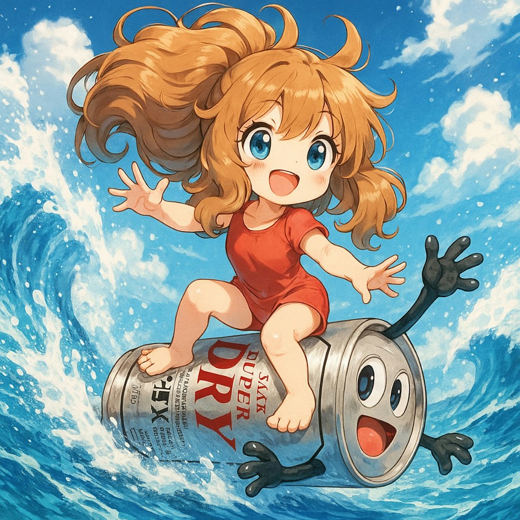 ビール缶サーフィンをする小さな女の子