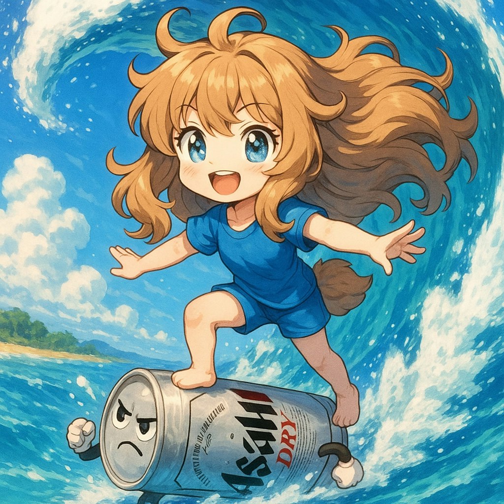 ビール缶サーフィンをする小さな女の子
