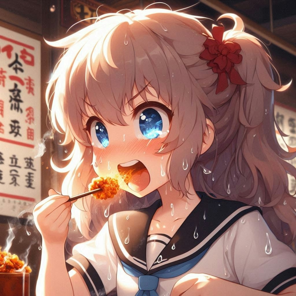 激辛料理を食べてる小さな女の子