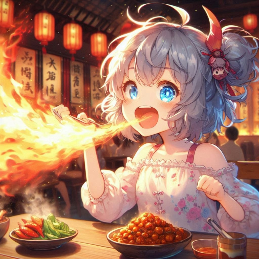 激辛料理を食べてる小さな女の子