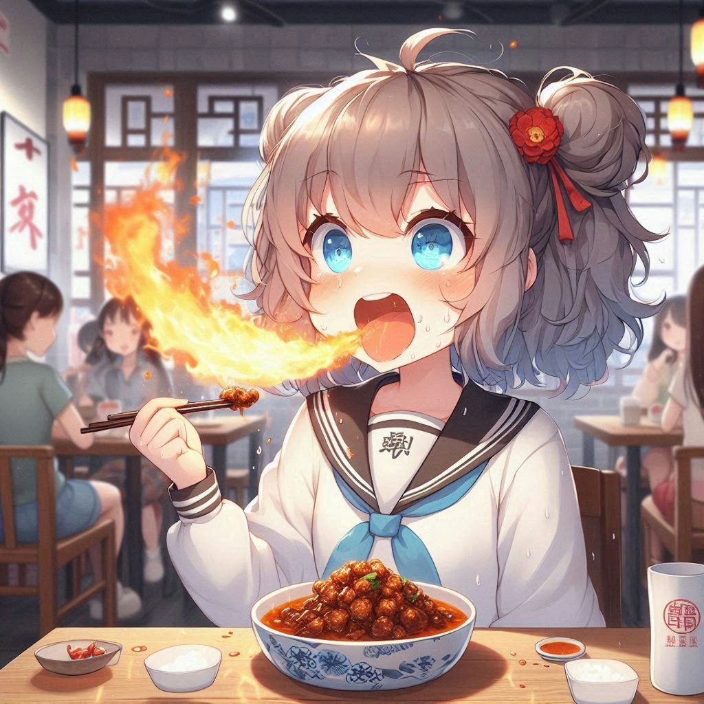 激辛料理を食べてる小さな女の子