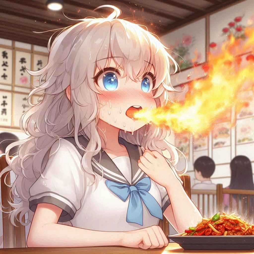 激辛料理を食べてる小さな女の子