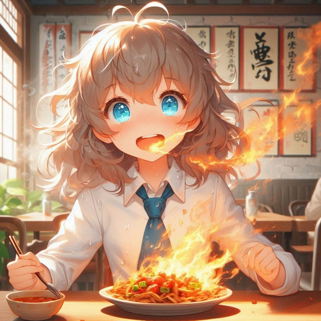 激辛料理を食べてる小さな女の子