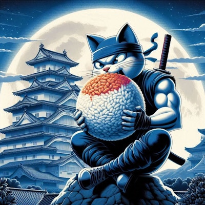 アクリル風 月夜の城で忍者猫が巨大おにぎりを食べる