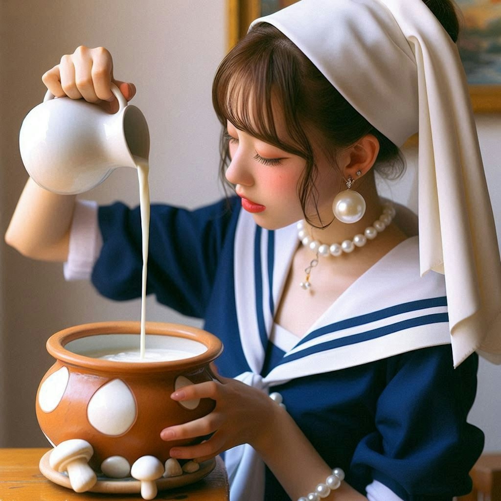 真珠の耳飾りの牛乳を注ぐ女の少女