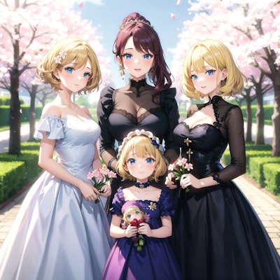 桜の園に訪れた貴族３姉妹と使用人