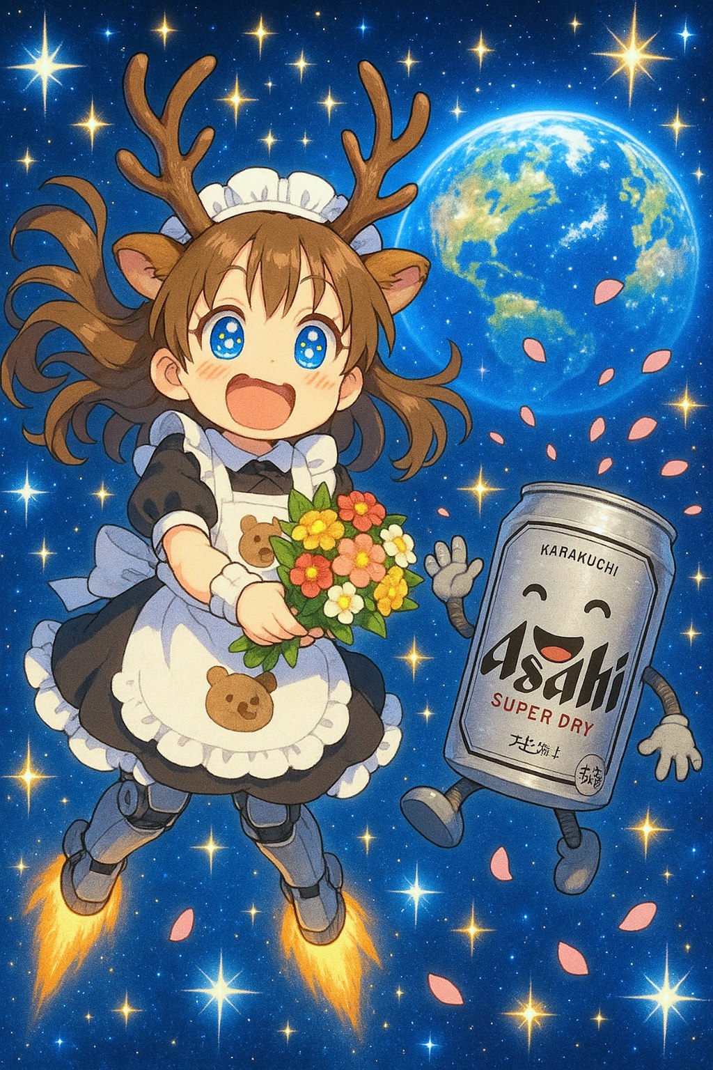 鹿角メイドのフリルエプロンの花束で感謝している小さなロボの女の子