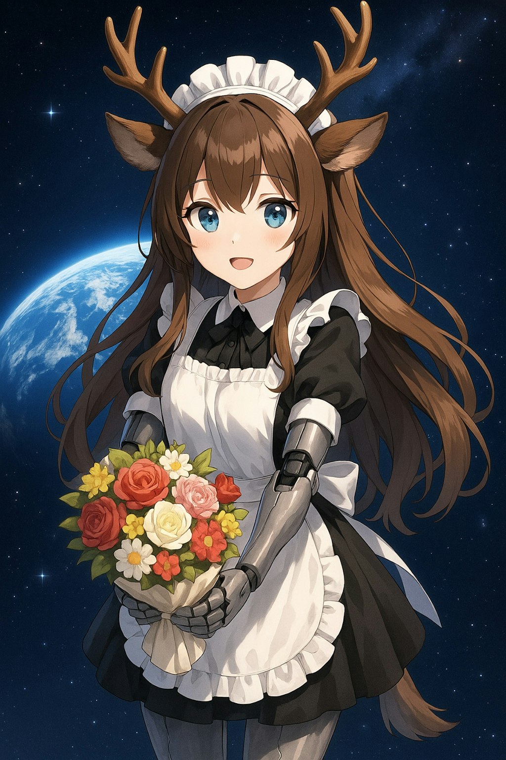 鹿角メイドのフリルエプロンの花束で感謝している小さなロボの女の子