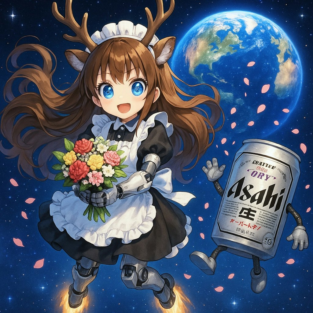 鹿角メイドのフリルエプロンの花束で感謝している小さなロボの女の子