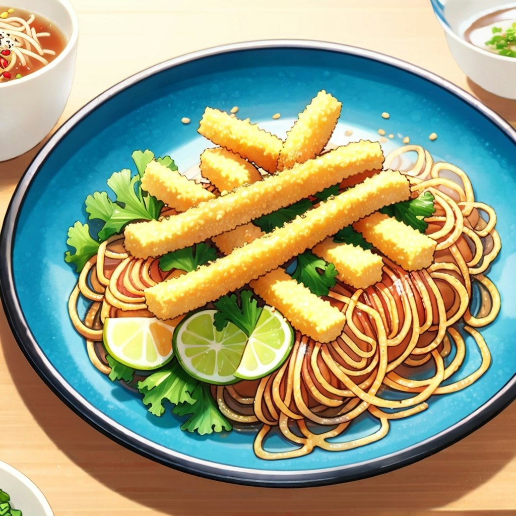 これ素麺と天麩羅の付け合わせやない。ポテトフライとライムとパクチーを添えたミートスパゲティや！