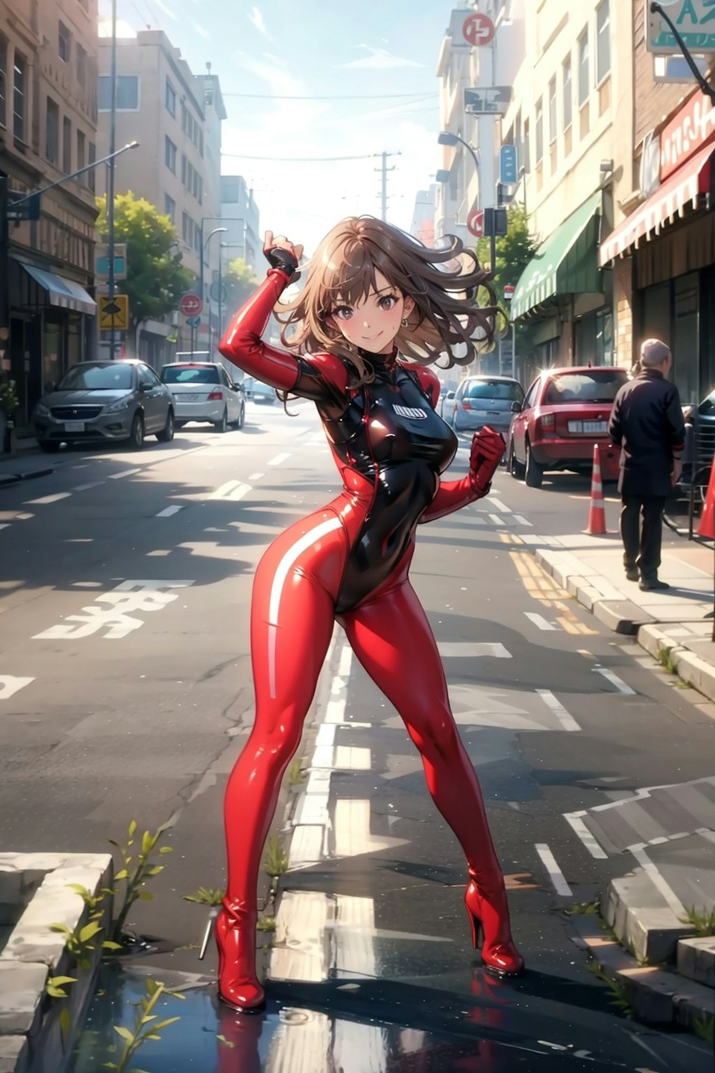 Fighting skintight babe in the street