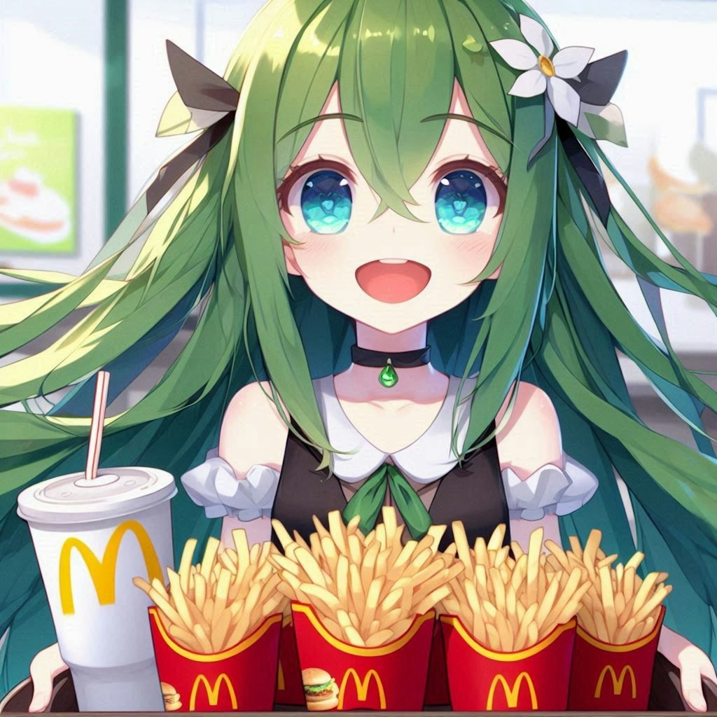 フライドポテトをいっぱい食べる小さな女の子