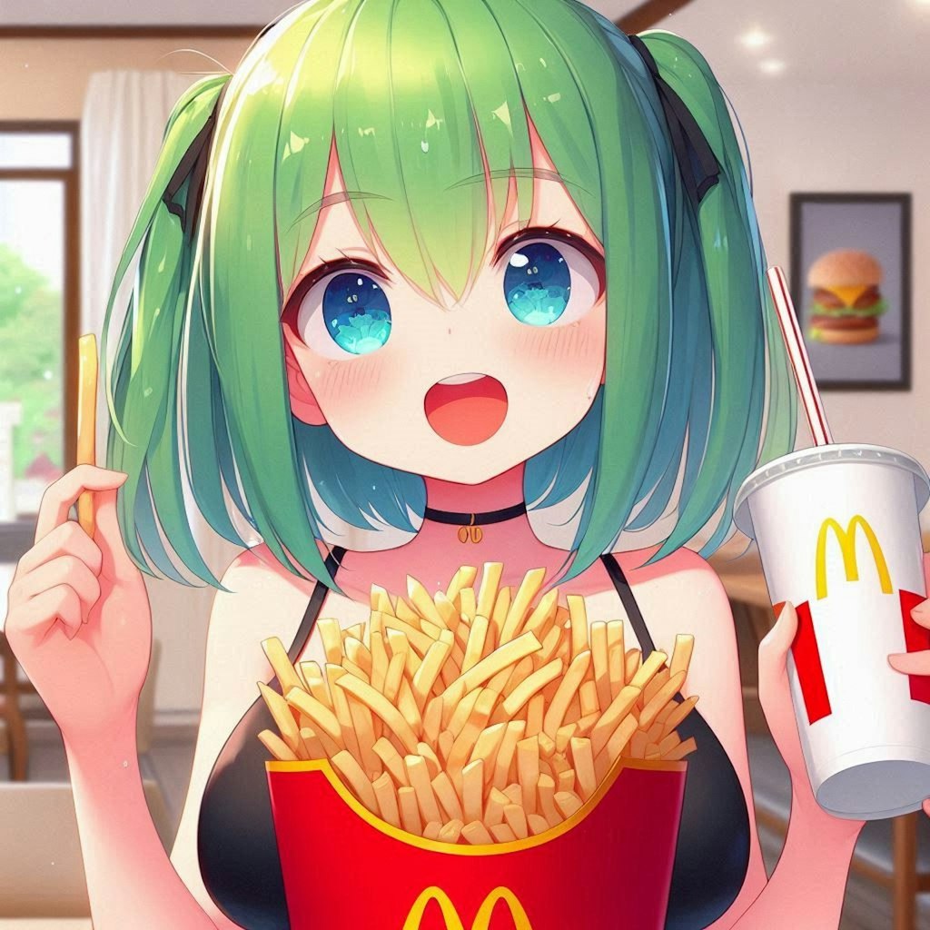 フライドポテトをいっぱい食べる小さな女の子