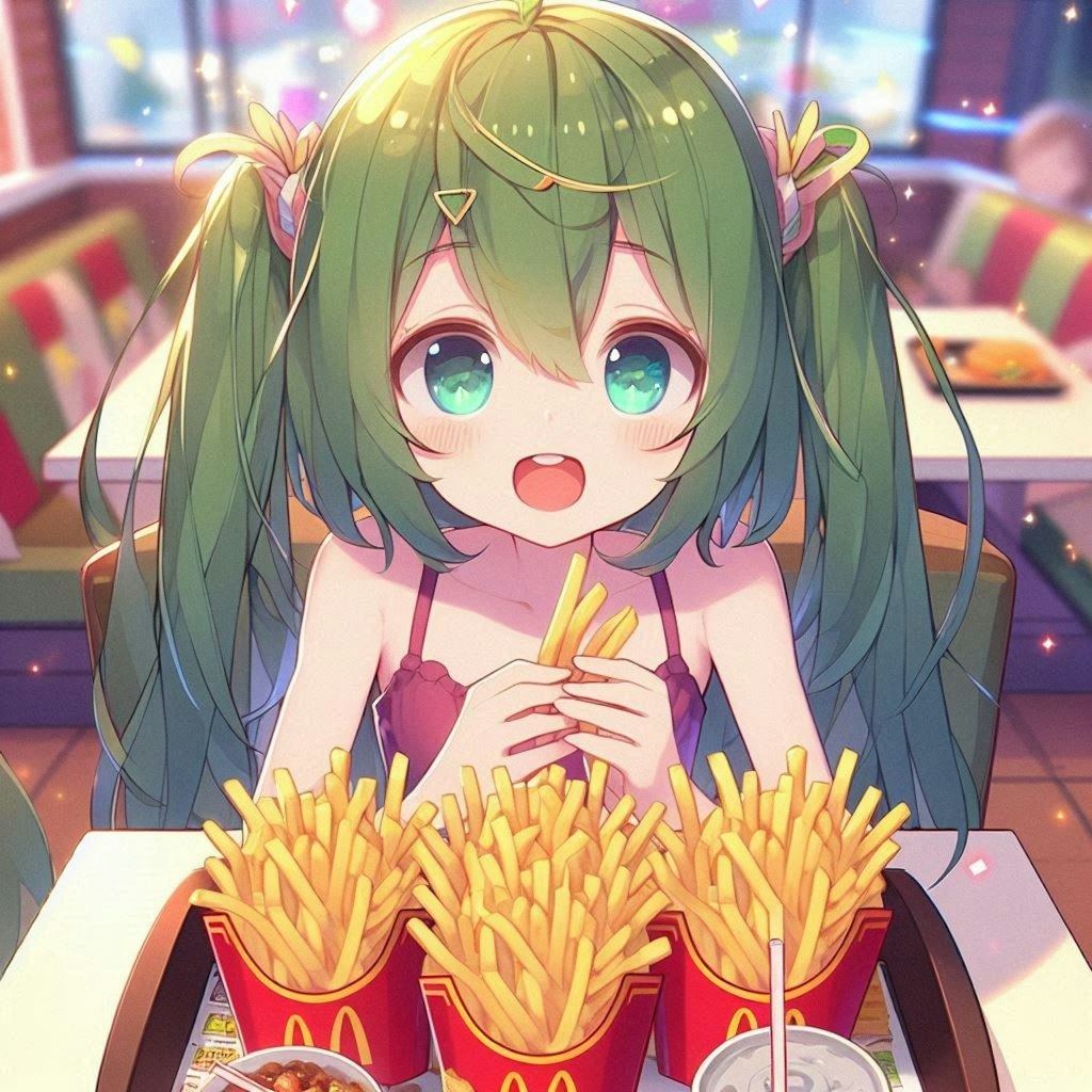 フライドポテトをいっぱい食べる小さな女の子