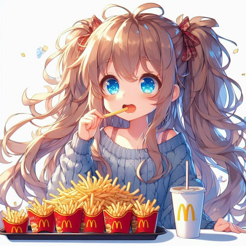 フライドポテトをいっぱい食べる小さな女の子