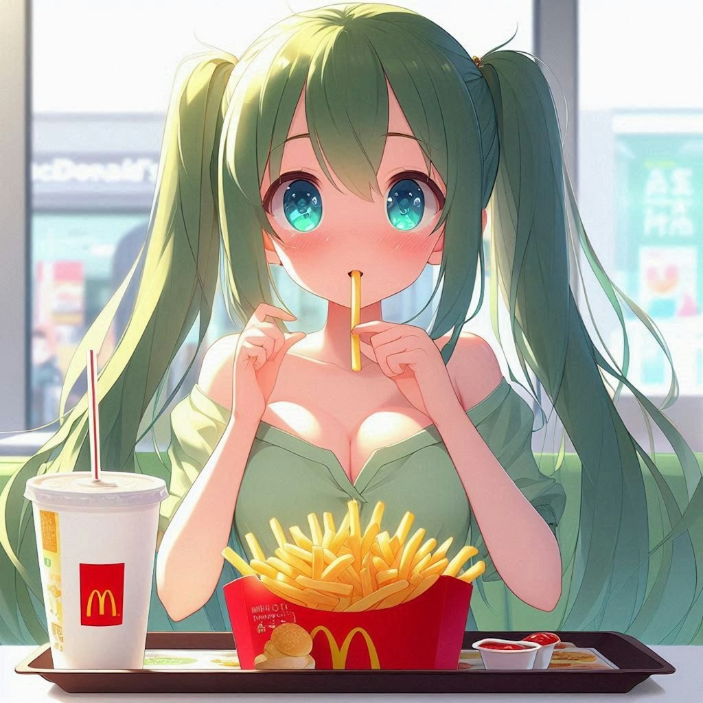 フライドポテトをいっぱい食べる小さな女の子