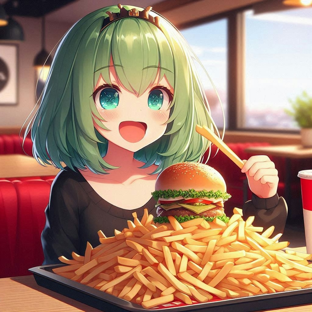 フライドポテトをいっぱい食べる小さな女の子