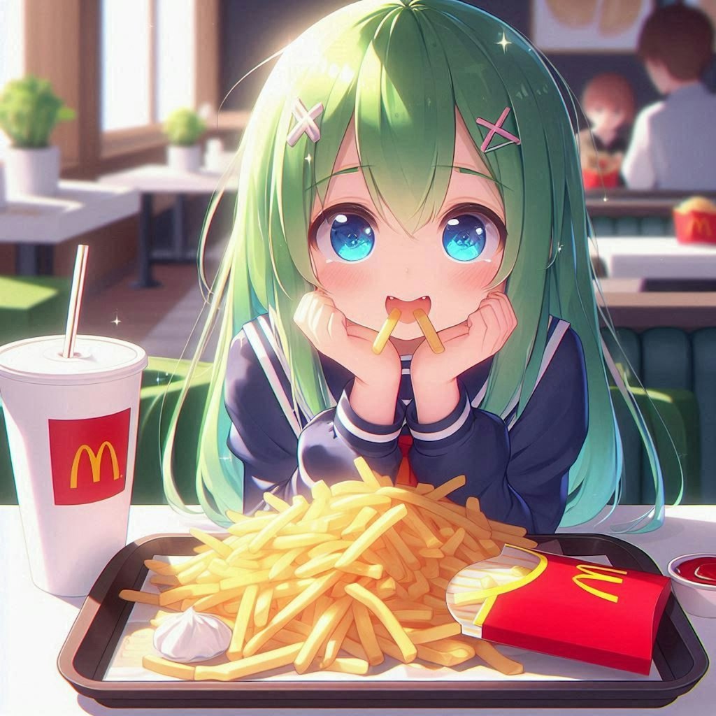 フライドポテトをいっぱい食べる小さな女の子