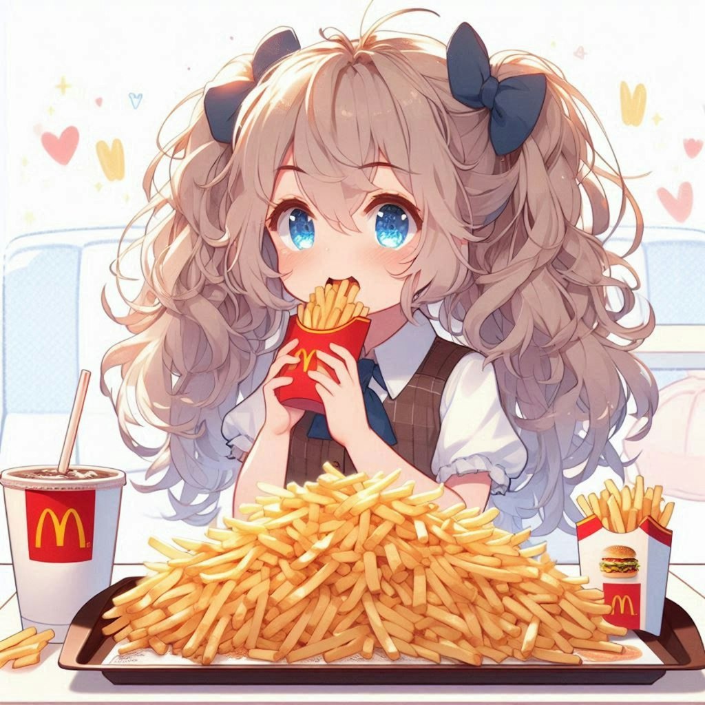 フライドポテトをいっぱい食べる小さな女の子