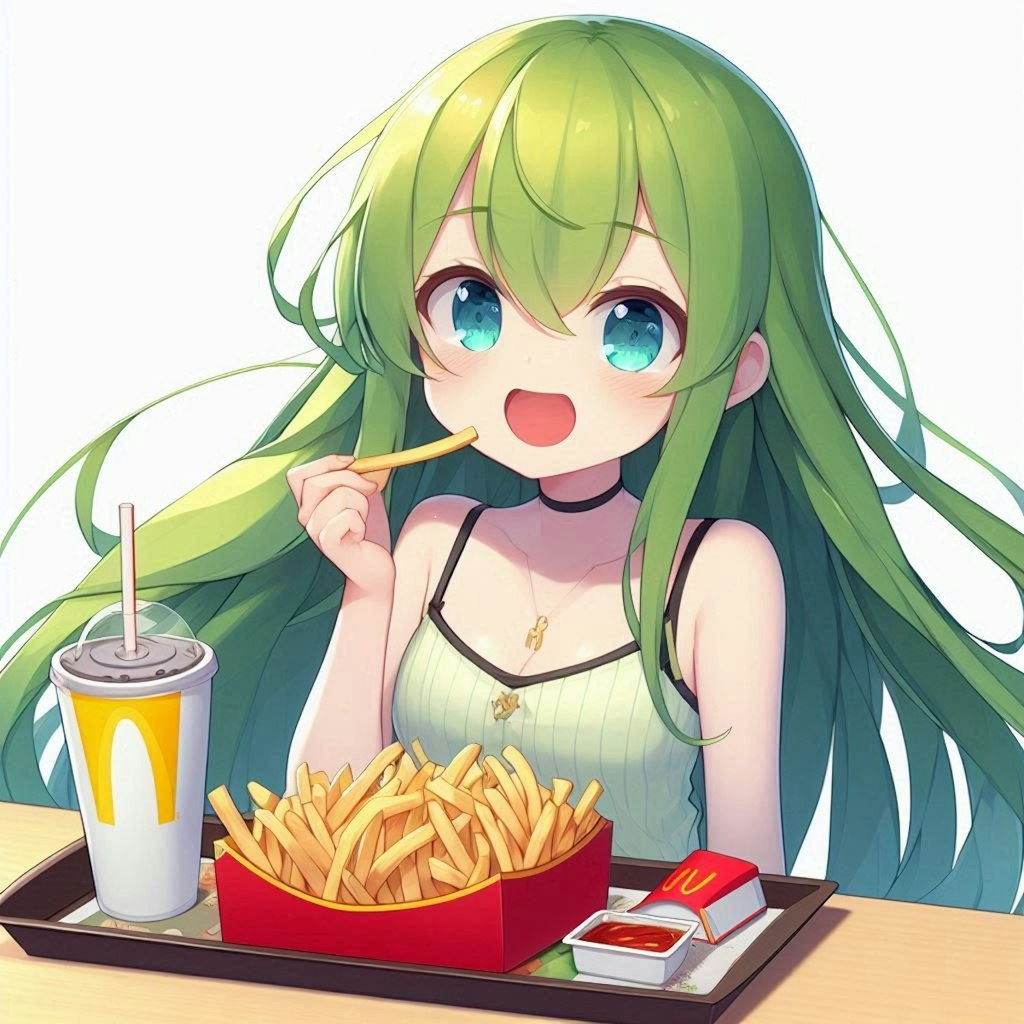 フライドポテトをいっぱい食べる小さな女の子