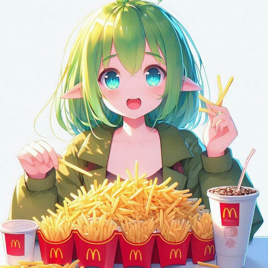 フライドポテトをいっぱい食べる小さな女の子