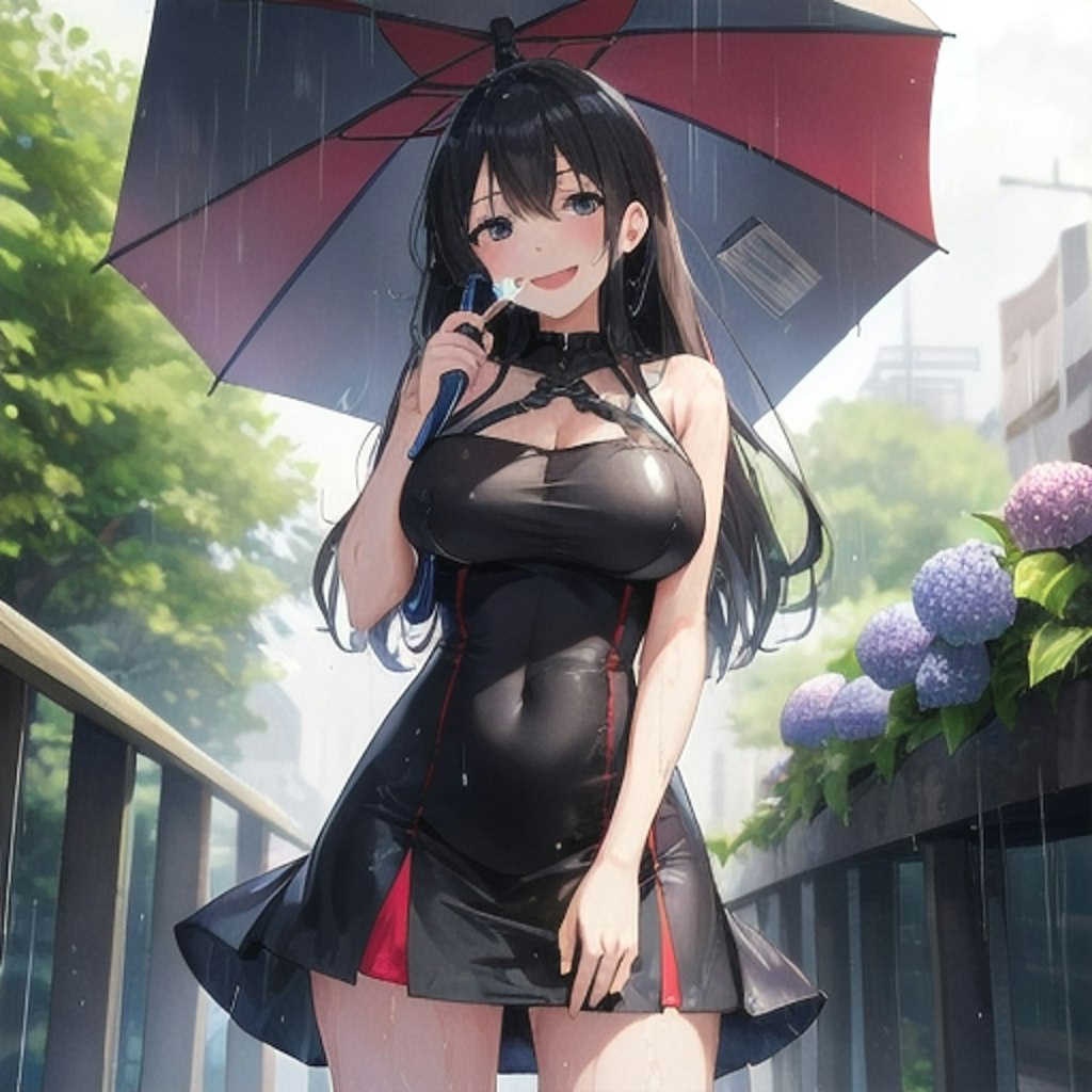 雨の中楽しそうに歩く少女