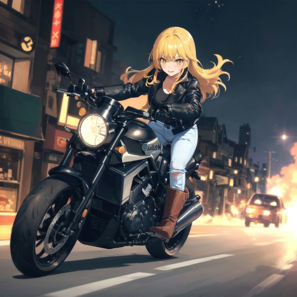 夜の街をバイクで駆け抜ける美女