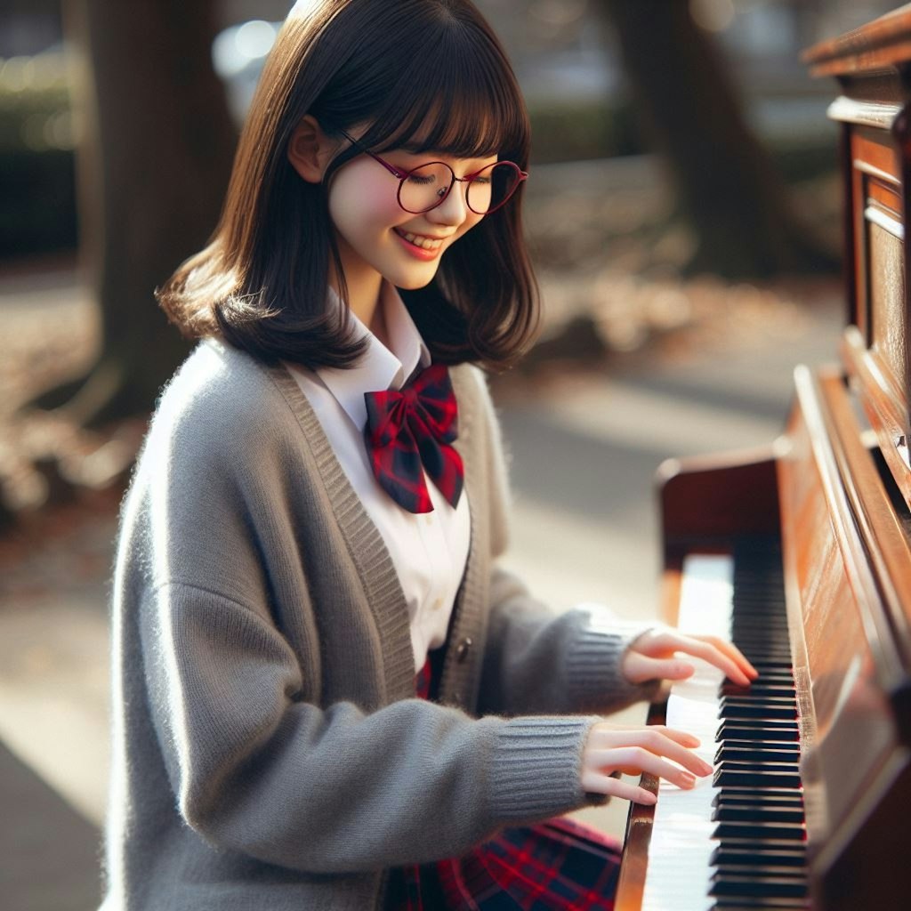 眼鏡女子 楓の屋外ピアノ