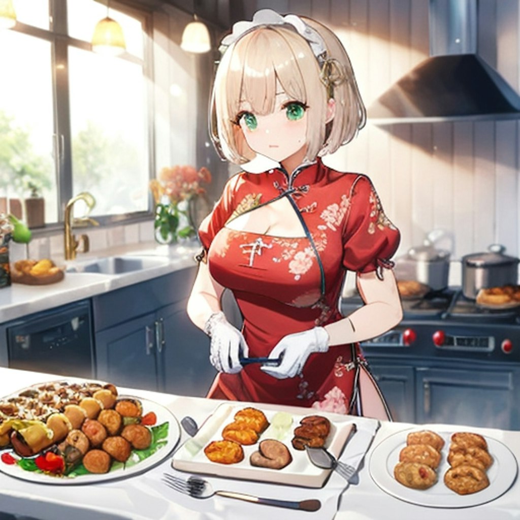 Anime girl cooking in the kitchen