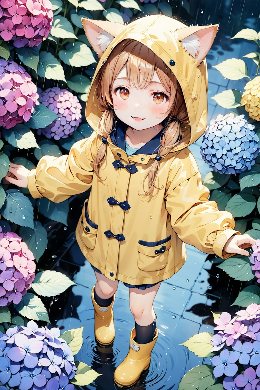 紫陽花と猫耳フード