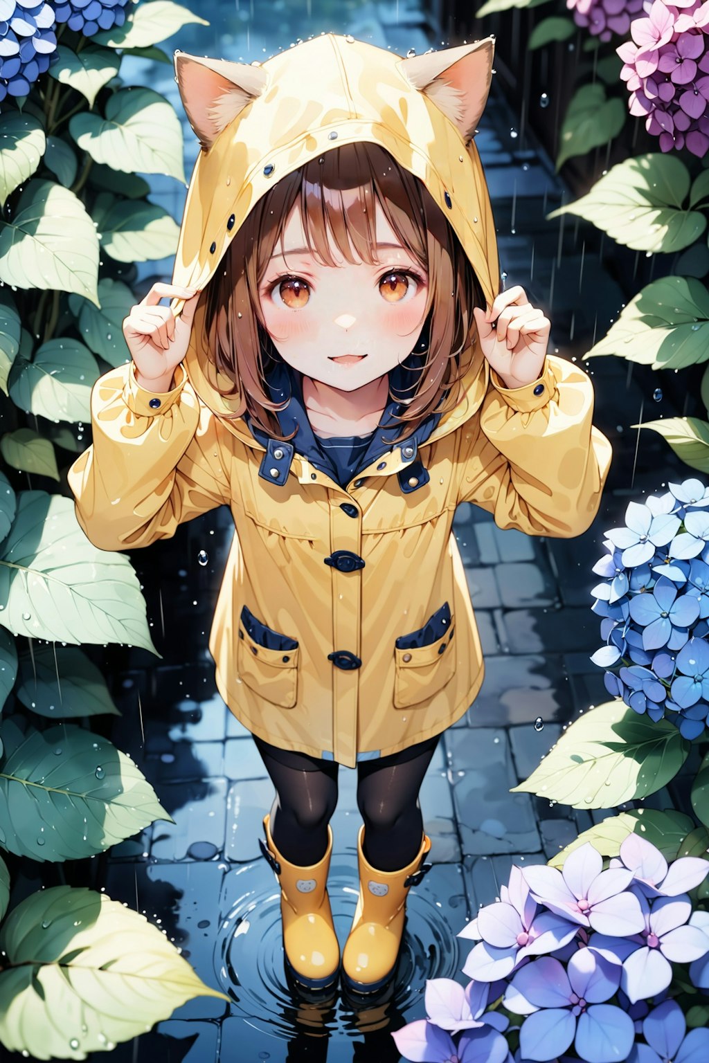 紫陽花と猫耳フード